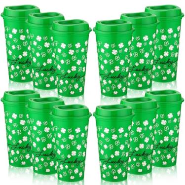 Imagem de Bokon 12 peças de copos de plástico do Dia de São Patrício com tampas de 473 ml, copo verde trevo irlandês, reutilizável, copos de suco, para festa irlandesa, lembrancinhas, presentes