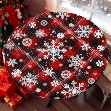 Imagem de Yesad Toalha de mesa redonda para mesas redondas de 91 a 178 cm, toalha de mesa com elástico para festas internas e externas, 152 cm, xadrez de Natal e neve