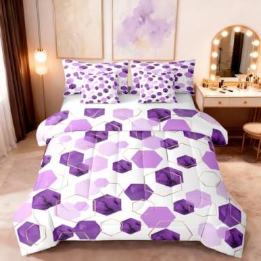 Imagem de Erosebridal Jogo de cama casal roxo com hexágono, geométrico, hexágono, decoração de arte abstrata, lavanda, mármore, listrado, decoração de quarto