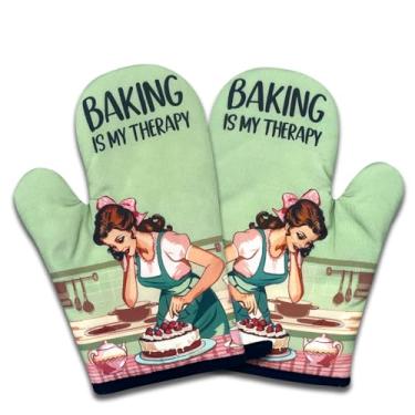 Imagem de NAHMAKNE Pacote com 2 luvas de forno engraçadas para mulheres, Baking is My Therapy, luvas retrô resistentes ao calor, presentes de aniversário para amantes de assar, presentes de inauguração de casa
