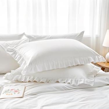 Imagem de Pacote com 2 fronhas brancas de algodão puro com babados tamanho padrão 50,8 cm x 66 cm fronhas de travesseiro com babados ultra macias com zíper, fronhas boho