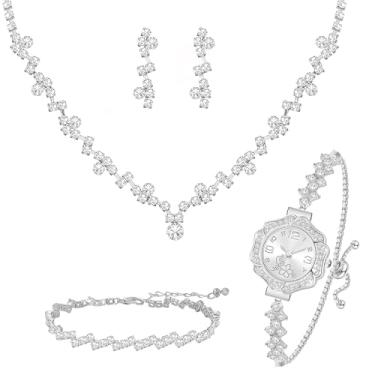 Imagem de NEWITIN Conjunto de 5 peças de joias de prata de cristal para mulheres relógio colar pulseira brincos de zircônia cúbica brilhante conjuntos de joias de casamento para noivas dama de honra acessórios