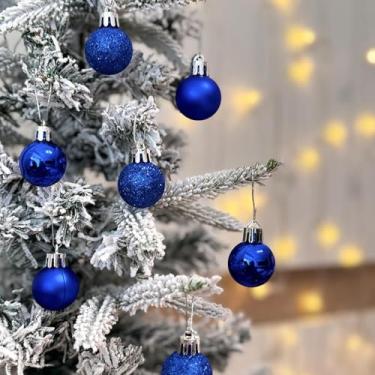 Imagem de Pacote com 24 enfeites de bola de Natal azuis (30 mm / 1,18 polegadas) - acabamentos variados inquebráveis (brilhante, fosco, glitter) - Pequenos enfeites festivos para mini árvores, grinaldas