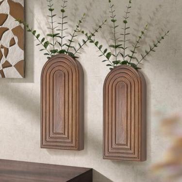 Imagem de EOSAHR Conjunto de 2 vasos de parede de madeira de pinheiro para plantas e flores de interior - Arte de parede de fazenda para sala de estar, escritório e decoração de casa - vasos suspensos com