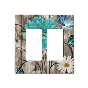 Imagem de SgEdao Capas decorativas de margarida turquesa design floral vintage em madeira rústica placa de parede de 2 gangues capa de interruptor de luz de interruptor duplo capa de placa de interruptor duplo