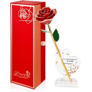 Imagem de Strenge Rosa real mergulhada em ouro 24k - haste longa 24 k rosa dourada preservada, presentes de rosa dourada para ela/namorada/mulheres/esposa/mãe no dia dos namorados, aniversário, dia das mães