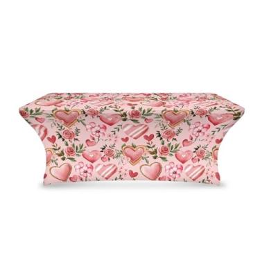 Imagem de Uorisanigo Toalha de mesa floral de coração rosa de 1,8 m para mesa retangular elástica elastano para mesas dobráveis de 1,8 m capa para decoração de festa do dia dos namorados