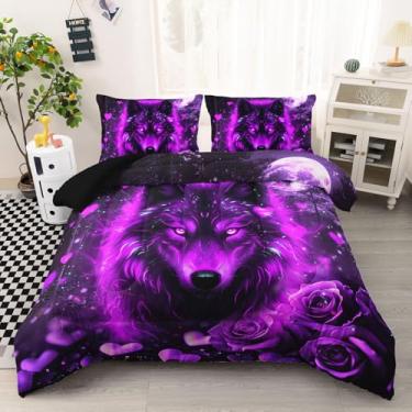 Imagem de AILONEN Conjunto de edredom Queen roxo e preto, corações florais românticos com animais safari, 3 peças, macio, 2 fronhas