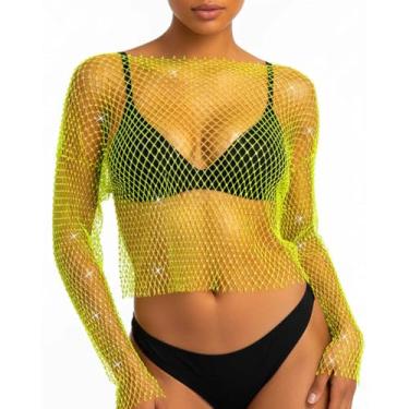 Imagem de Fstrend Saída de praia feminina de malha de strass de manga comprida transparente Top cropped sexy arrastão biquíni acessórios para mulheres e meninas (verde)