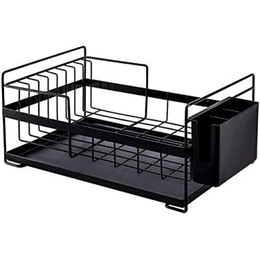 Imagem de BSNANCA Escorredor de pratos de aço cromado com dreno removível bandeja de talheres de plástico removível para bancada de cozinha (cor: branco) escorredor de pratos (preto)