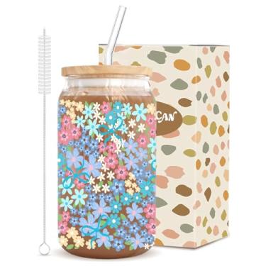 Imagem de Presente para mulheres: Copo de vidro floral azul e laço, conjunto de copos de 473 ml com tampa de bambu, 2 canudos e pincel, lindamente embalado para café gelado, cerveja, vitaminas