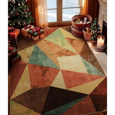 Imagem de YIHOUSE Tapete marrom 10 x 15 cm, tapete geométrico laranja queimado antiderrapante, tapetes laváveis, tapetes vintage vinho para quarto, tapete boho para cozinha, sala de jantar