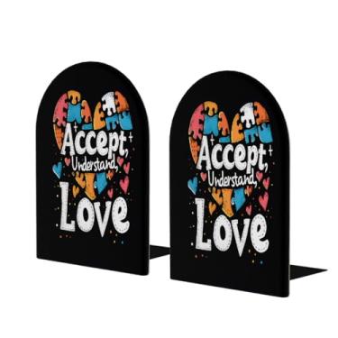 Imagem de Art Autism Love Heart Large Wooden Bookend Decorative Bookend Antiderrapante Heavy Duty Book Ends for Office Desk Home Office Library School Study Decoration Book Divisores para prateleiras, 1 par