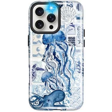 Imagem de SOGCASE Capa de telefone feminina para meninas compatível com iPhone 16 Pro Max capa protetora de camada dupla à prova de choque - água-viva azul