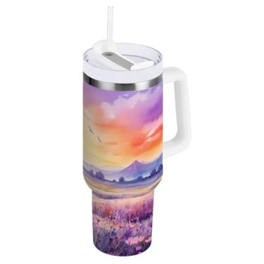 Imagem de Blueangle Copo isolado de 1,134 g com alça e tampa de canudo - Caneca de viagem de aço inoxidável à prova de vazamento, pôr do sol a vácuo de parede dupla em uma garrafa de água de campo roxo (911)