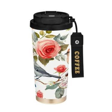 Imagem de SEHANY Caneca de café de viagem Flores e pássaros de 482 g com tampa revestida de cerâmica e à prova de vazamento, parede dupla, copo de aço inoxidável isolado a vácuo para bebidas quentes e frias