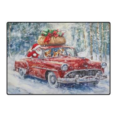 Imagem de Blueangle Tapetes de Natal laváveis de 12 x 16,7 cm para sala de estar - Tapete ultramacio antiderrapante resistente a manchas com estampa de carro vermelho vintage, decoração de férias para quarto e