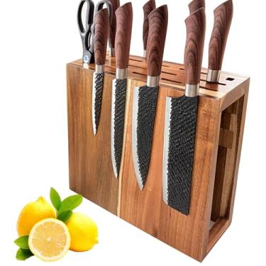 Imagem de Bloco magnético de madeira, organizador de armazenamento de facas de dois lados com compartimentos para balcão de cozinha, suporte de exibição de armazenamento de facas grandes sem facas