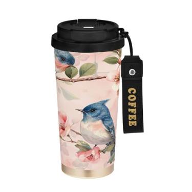 Imagem de SEHANY Caneca de café de viagem Flores e pássaros de 482 g com tampa revestida de cerâmica e à prova de vazamento, parede dupla, copo de aço inoxidável isolado a vácuo para bebidas quentes e frias