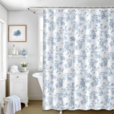 Imagem de Seorsok Cortina de chuveiro extra longa azul sálvia, algodão floral cottagecore,elegante florescendo tecido floral cortina de chuveiro lavável à máquina à prova d'água decoração de banheiro 213 cm C x