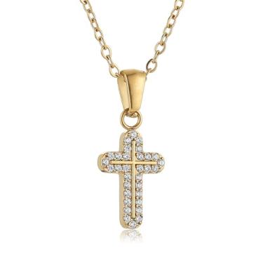 Imagem de HZMAN Colar de cruz para mulheres, pingente de cruz de cristal de ouro e prata de aço inoxidável, colar pequeno e delicado, presente moderno para ela, Aço inoxidável, Zircônia cúbica