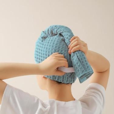 Imagem de Toalha de cabelo azul Waffle Weave, toalha de microfibra super absorvente, de secagem rápida, envoltório de cabelo de banho macio e leve para mulheres, homens e crianças – perfeita para casa e viagens