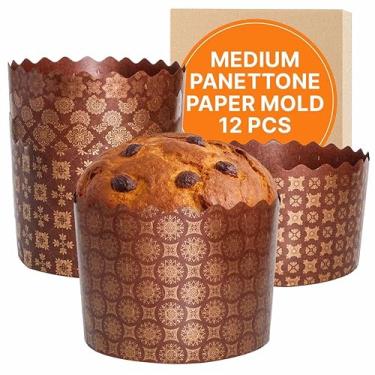 Imagem de Molde de papel Panettone de 340 g | Pacote com 12 | Moldes redondos antiaderentes de papel Panettone para assar pão - Design marrom L 11 cm x A 8 cm da SHSH trade group