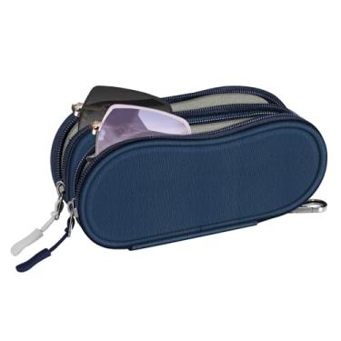 Imagem de Fintie Estojo de óculos de sol duplo, bolsa de óculos portátil macia com clipe mosquetão, compartimentos duplos com zíper para homens e mulheres, Azul escuro, Large And Small Compartments