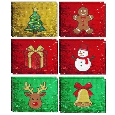 Imagem de Moukeren 12 conjuntos de tecidos de lantejoulas de sublimação de Natal, 21,6 cm x 28 cm, com papel de sublimação e filme adesivo para passar a ferro para camisetas de algodão escuro, artesanato DIY