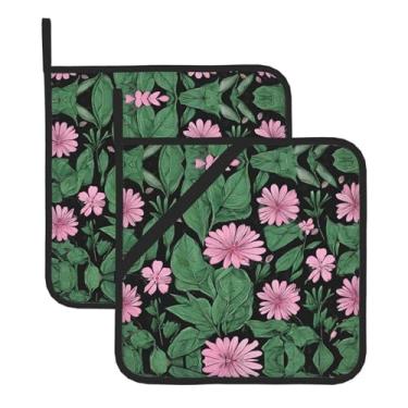 Imagem de Conjunto de tapete de panela quadrado resistente ao calor com folhas tropicais coloridas, 2 peças antiderrapantes com laços para pendurar, para balcão de cozinha e proteção de mesa de jantar.