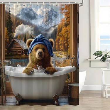 Imagem de CWHCWA Cortina de chuveiro de urso divertida animal tomando banho na banheira casa de fazenda rústica cabana floresta montanha paisagem natureza país bonito vida selvagem decoração de banho cortina