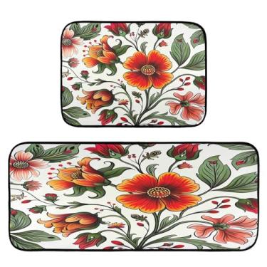 Imagem de Wassud Tapetes de cozinha com padrão floral vermelho para piso decoração de casa tapetes de cozinha acolchoados antifadiga tapetes de cozinha antiderrapante lavável essencial de cozinha conjunto de 2