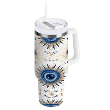 Imagem de STAYTOP Copo de olhos mágicos de 1,134 g com tampa e canudo, à prova de vazamento, copo isolado de aço inoxidável durável com alça, garrafas de água à prova de derramamento para viagens