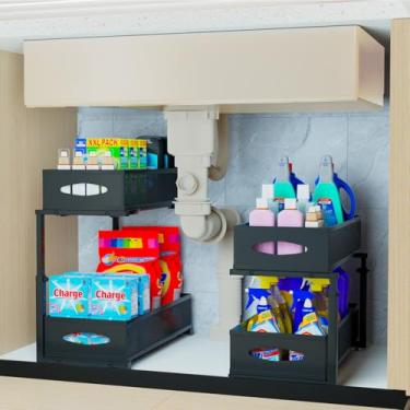 Imagem de Bepuo Pacote com 2 organizadores embaixo da pia, prateleira de pia de 2 camadas, prateleiras organizadoras de armário, prateleira embaixo da pia, gaveta deslizante de metal para cozinha, banheiro