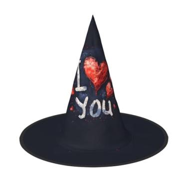 Imagem de SKKNT I Love You Words With Hearts Print Halloween Witch Hat unissex Carnaval fantasia acessório boné festas eventos temáticos