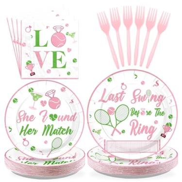 Imagem de Greencian 96Pcs Last Swing Before The Ring Party Supplies Tennis Pink and Green Plates and Napkins She Found Her Match Tableware Set for Tennis Bridal Shower Bachelorette Party Supplies，Serves 24