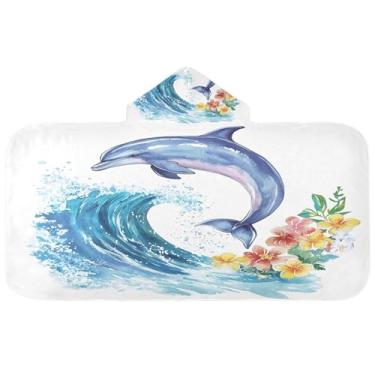 Imagem de Burbuja Toalha de banho com capuz golfinho aquarela para crianças, toalha de praia de pelúcia macia absorvente para chá de meninas e meninos 3-10 anos, 61 x 127 cm
