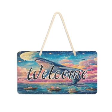 Imagem de Burbuja Placa de boas-vindas A Whale Jumps Out Of Sea para porta da frente, placa de boas-vindas de PVC para decoração de férias, 15 x 28 cm