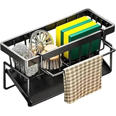 Imagem de Suporte Organizador de Pia em Aço Carbono Preto | Porta Esponja, Sabão e Pano com Bandeja Antiferrugem | Instalação Sem Furos, Design Moderno e Compacto para Cozinha
