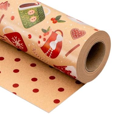 Imagem de Yarcony Papel de embrulho de Natal Kraft, papel de embrulho, copo de Natal reversível, papel de embrulho de presente com estampa de bolinhas (mini rolo, 43 cm x 80 metros)