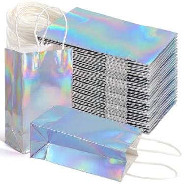 Imagem de Tosnail Pacote com 50 sacos de presente iridescentes, 21 x 12 x 8 cm holográficos para lembrancinhas de festa com alça, bolsa pequena para aniversário, casamento, chá de bebê, artigos de festa de