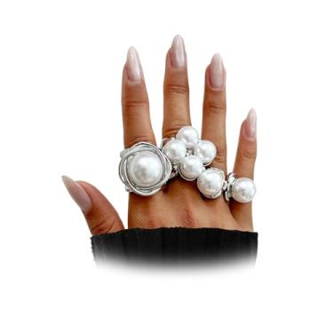 Imagem de Navirix Conjunto de anéis de declaração de pérola de ouro grosso grande imitação de flor de pérola para mulheres vintage ousado chique acessórios, Liga de aço, Sem pedra preciosa