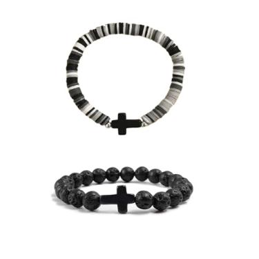 Imagem de XAM 2 peças de pulseiras coloridas feitas à mão com contas de pedra de argila para homens e mulheres, pulseira inspiradora de fé para cristãs, Páscoa, Ação de Graças, Natal, aniversário, joias, Middle