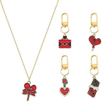 Imagem de MALOYANVE Conjunto de joias com tema de amor para o Dia dos Namorados, 5 peças, rosa e vermelho, coleção esmaltada com rosa, coração, berloques de envelope, presente romântico para o amante, Medium