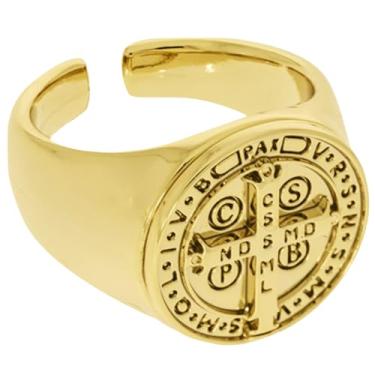 Imagem de Anel Medalha de São Bento Masculino Feminino Banhado Dourado Regulável Ajustavel Unissex