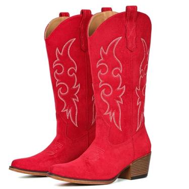 Imagem de IUV Botas de cowboy femininas Western Cowgirl, cano médio, bico curto, salto grosso, Camurça vermelha, 43