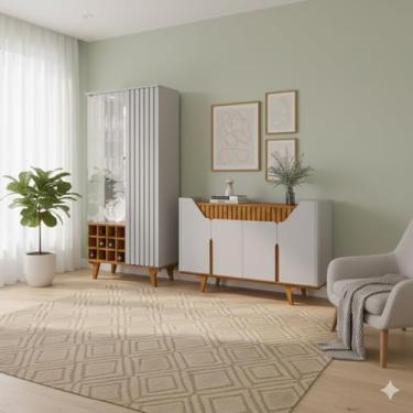 Imagem de Kit Cristaleira Elba e Aparador Tâmisa Ripado LED Sala Adega (Off/Naturalle)