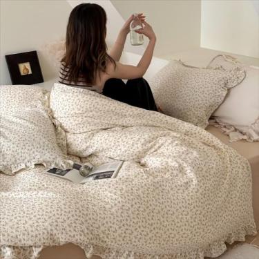Imagem de BuLuTu Capa de edredom King com estampa de camélia, musselina de algodão de camada dupla, design floral, vintage, capa de edredom com babados, 228 cm x 264 cm, sem travesseiro, lavar à máquina