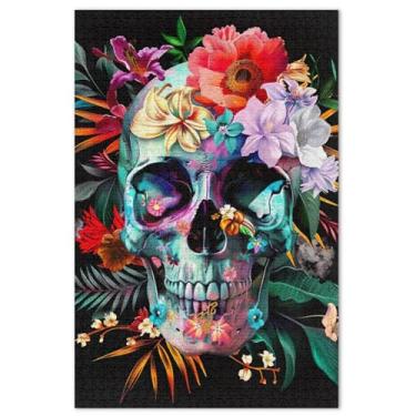 Imagem de Quebra-cabeça de caveira com flores coloridas, 1000 peças, para adultos, flores, animais, família, elefante, branco