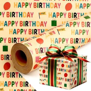 Imagem de Rolo de papel de embrulho Kraft – 43 cm x 80 metros, design de texto colorido feliz aniversário, material kraft durável, perfeito para presentes de aniversário, embrulho de presentes de férias